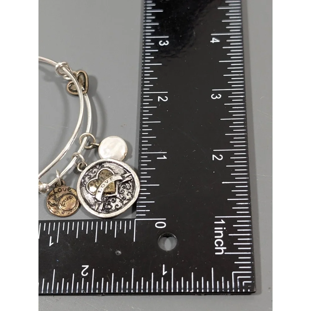 Two Tone‎ Heart Charm Bangle Bracelet White Pearl Love Stackable 7